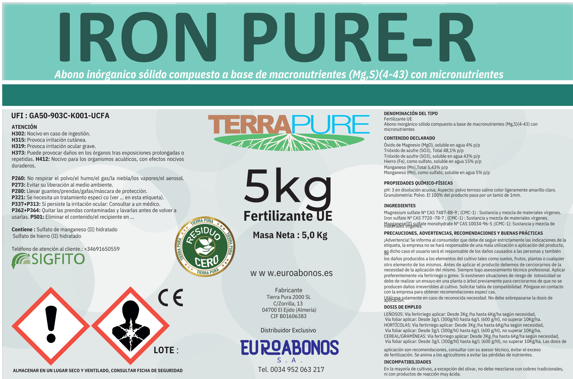 Fertilizante Iron Pure terraure etiqueta