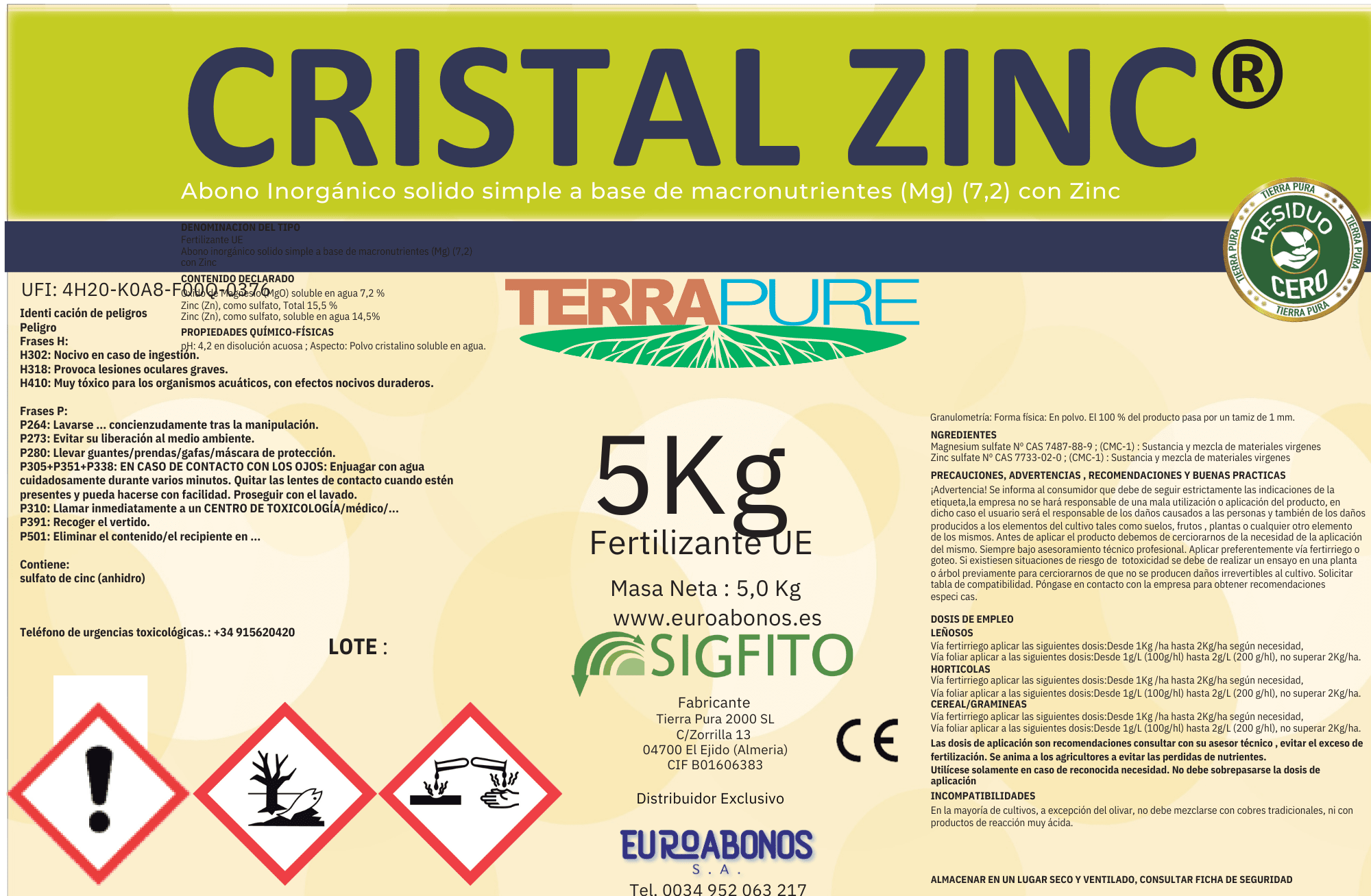 Cristal Zinc Fertilizante Bioinductor abono agrícola tecnica etiqueta.